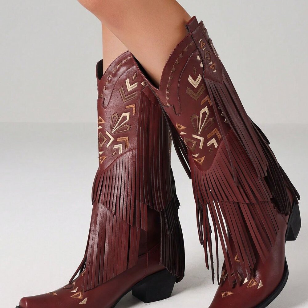 Burgundy Bohemian Women's Cowgirl Western Boots Fringe Tassel Chunky High Heels - Picture 2 of 6